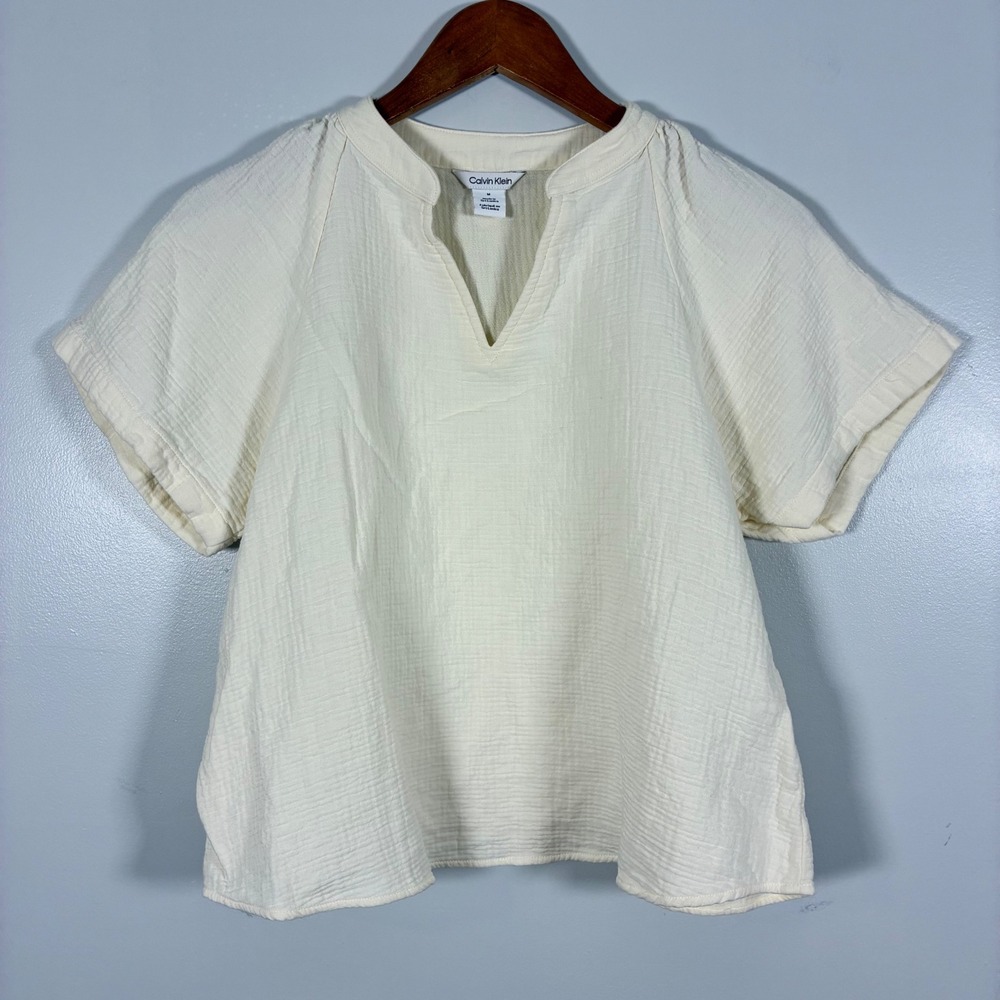 Calvin Klein Blouse M Cream Gauze Split V-Neck Relaxed Coastal Lagenlook Boho